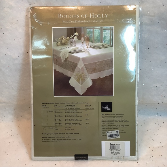 Christmas Table Cloth Oblong 60” X 84” Ivory Gold Metallic Embroidered Holly NEW - Picture 3 of 4